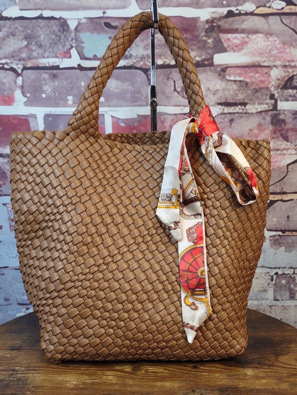 Basket Weave Vegan Leather Tote with Removable Pouch
